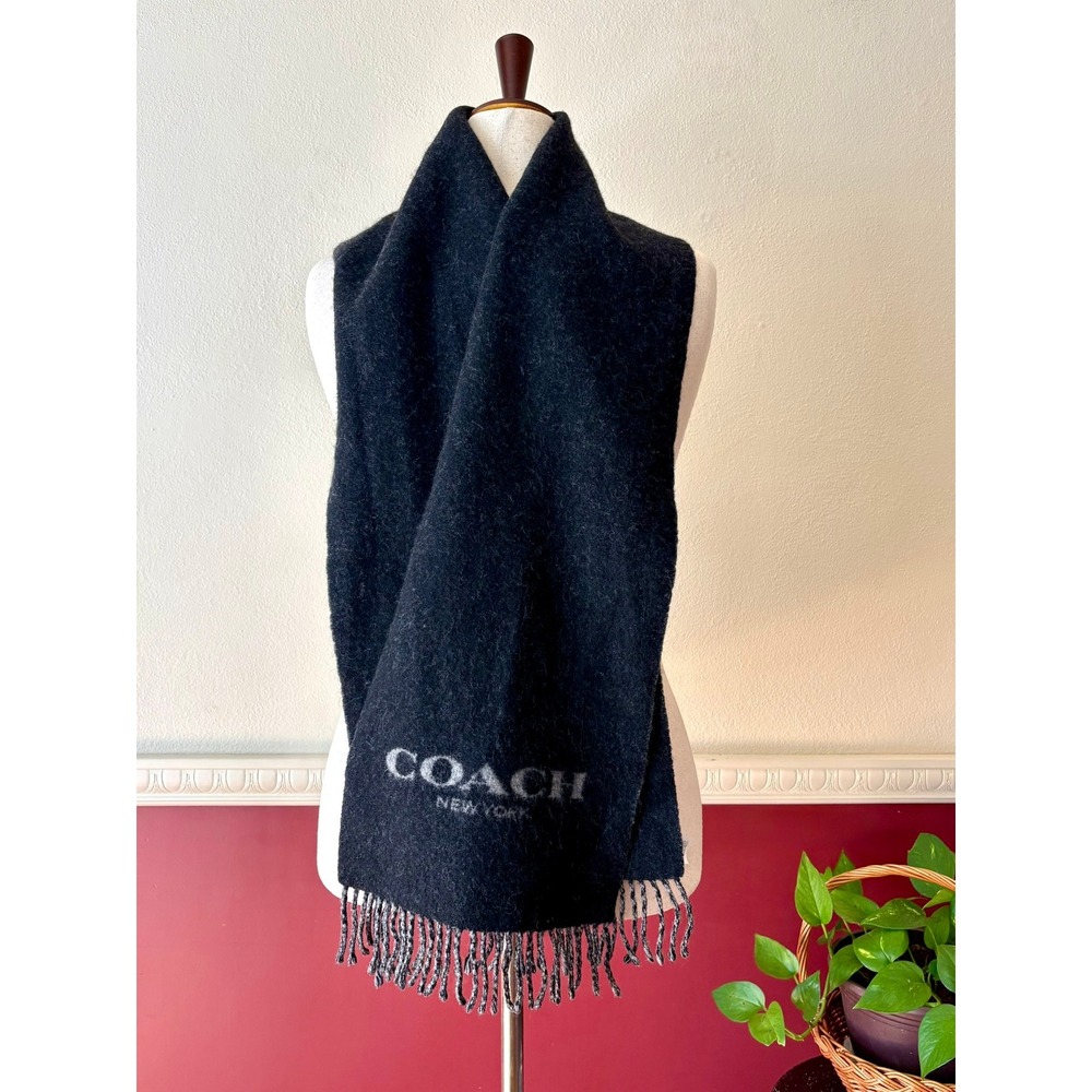 Coach Signature Bi-Color Logo Scarf Wool Cashmere Blend Black Grey Fringe 76053 - Picture 2 of 9